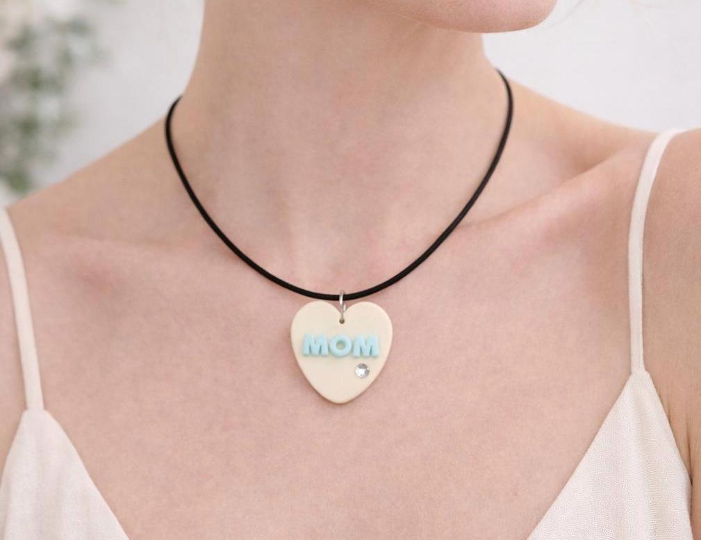 Personalized Polymer Clay Heart Jewelry Set, Cream Blue Mom Necklace Earrings
