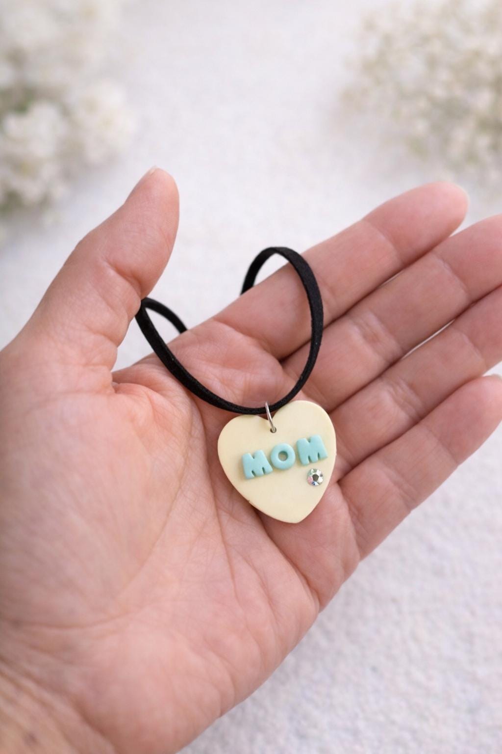 Personalized Polymer Clay Heart Jewelry Set, Cream Blue Mom Necklace Earrings