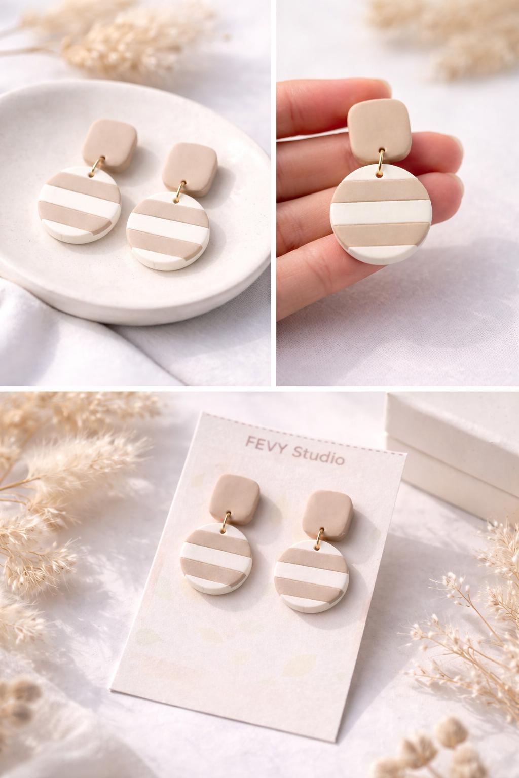 Minimalist Beige Striped Dangle Earrings • Classic Everyday Jewelry • Neutral Boho Chic Gift • Timeless Lightweight Earrings