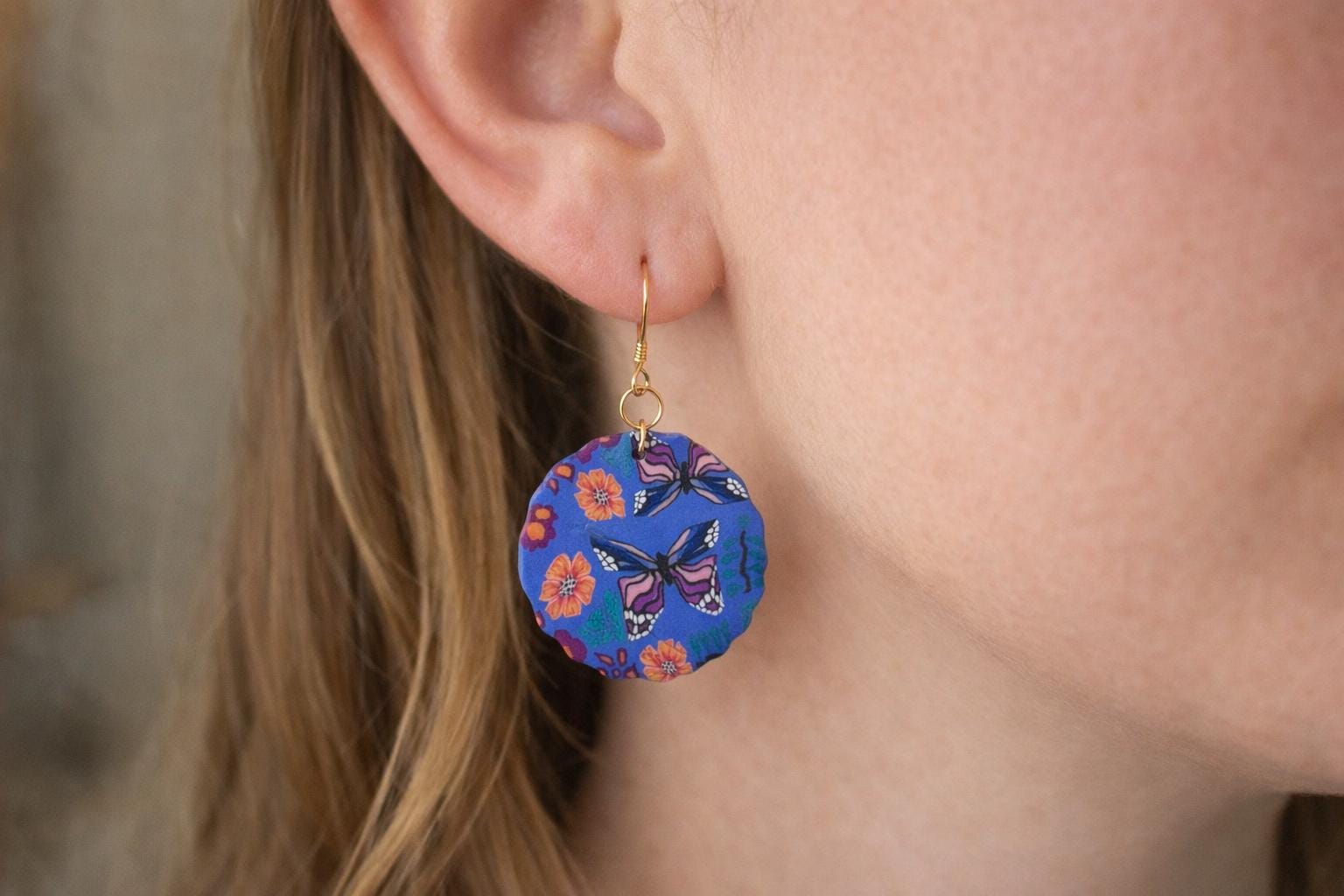 Blue Butterfly Floral Polymer Clay Earrings, 18K Gold Plated Hooks, Lightweight Nature Jewelry