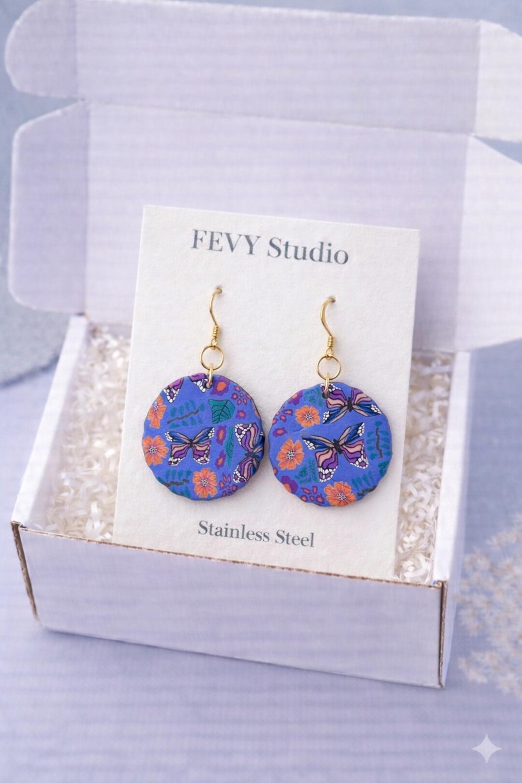 Blue Butterfly Floral Polymer Clay Earrings, 18K Gold Plated Hooks, Lightweight Nature Jewelry