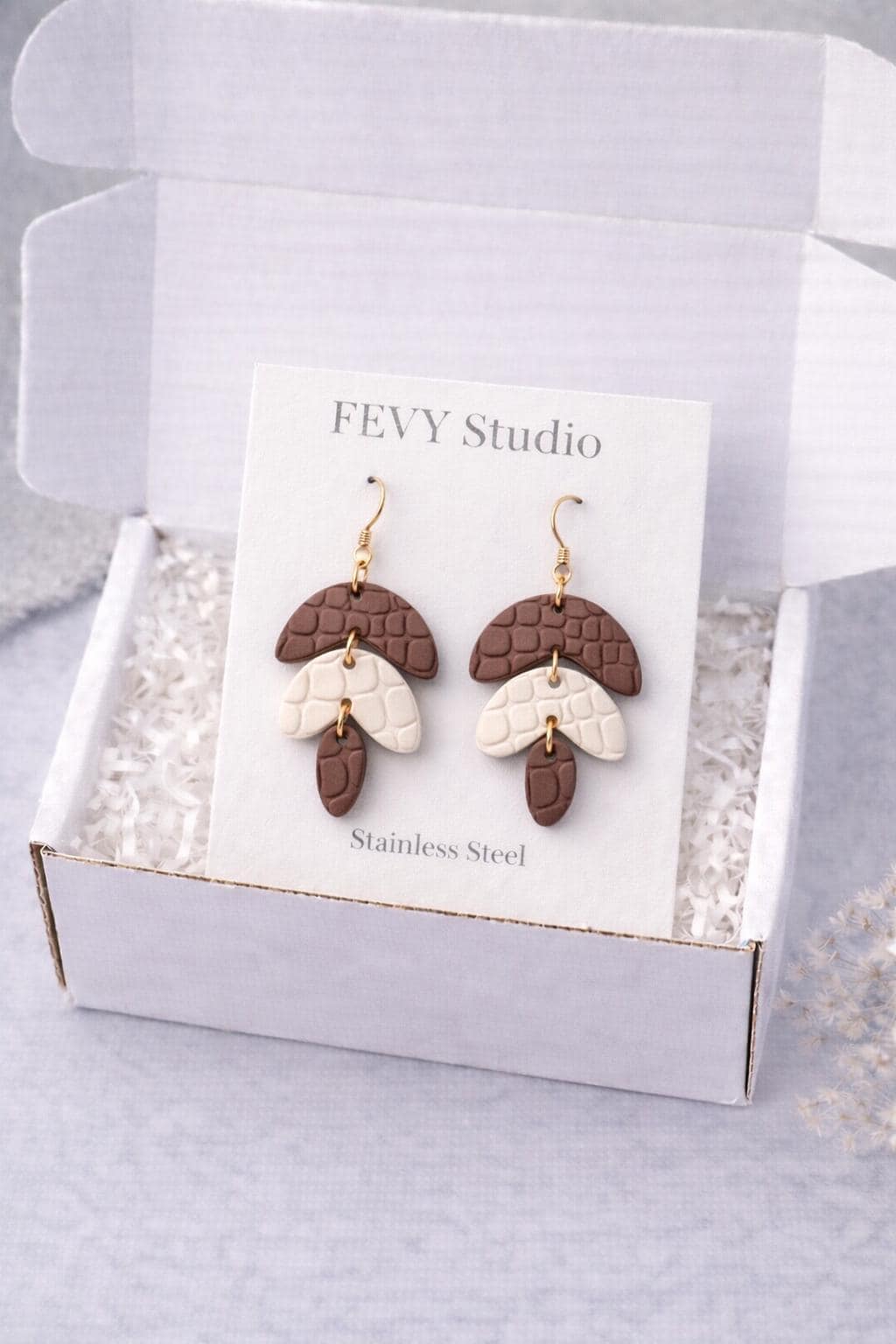 Handmade Polymer Clay Earrings, Crocodile Texture Dangle, 18K Gold Plated Hooks
