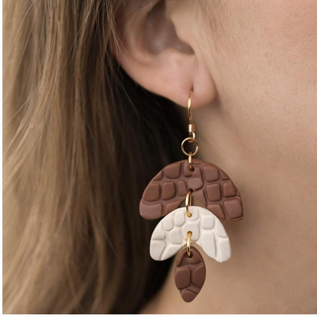 Handmade Polymer Clay Earrings, Crocodile Texture Dangle, 18K Gold Plated Hooks