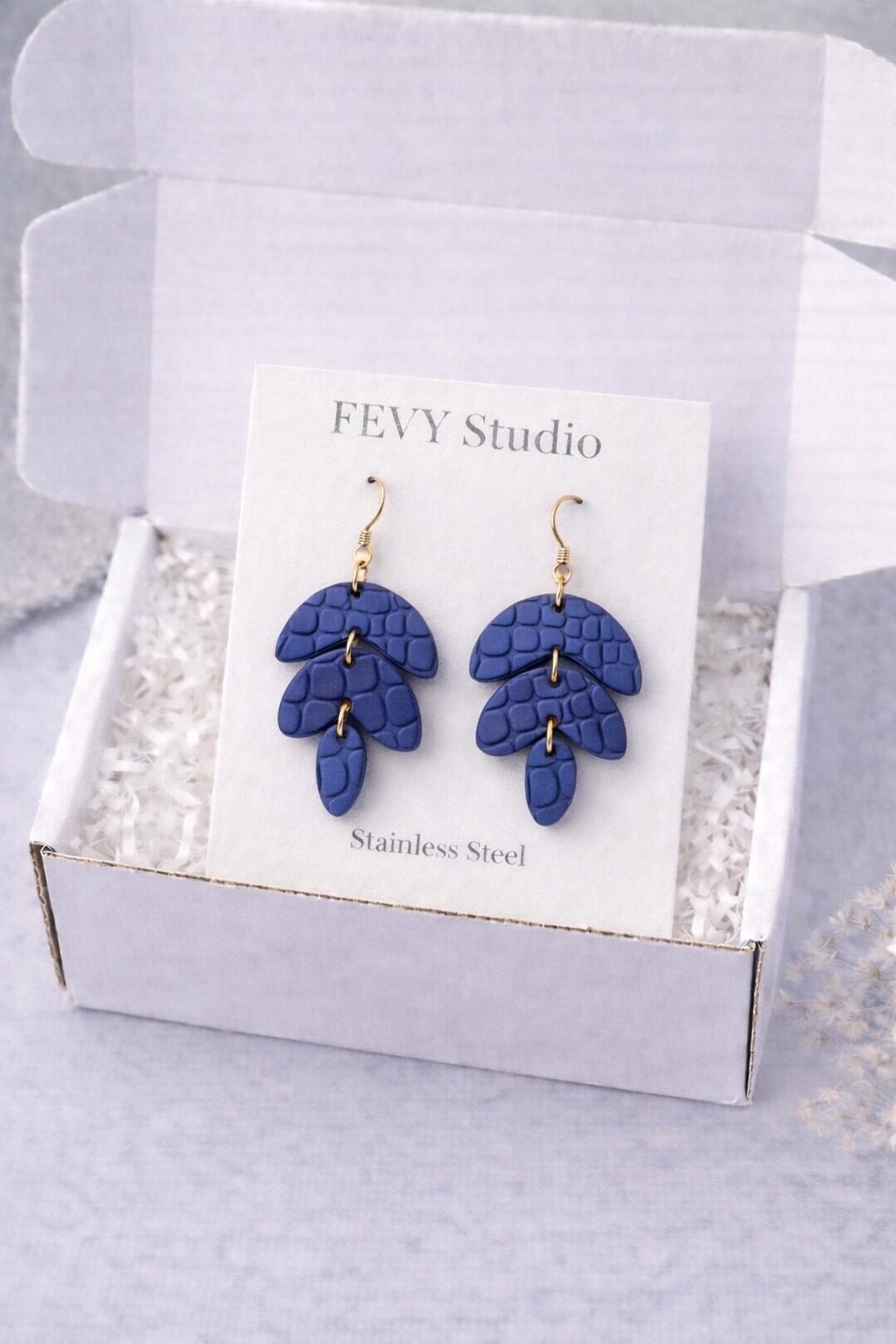 Navy Blue Sculptural Polymer Clay Earrings, Matte Dangle Statement Jewelry, 18K Gold Plated Hooks