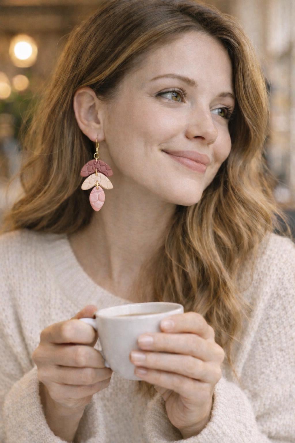 Handmade Dusty Pink Ivory Polymer Clay Dangle Earrings, Textured Modern, 18K Gold Plated Hooks