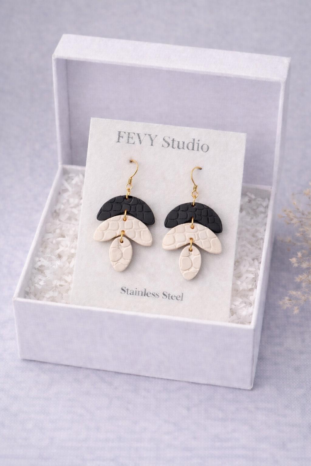 Black Ivory Textured Polymer Clay Dangle Earrings, 18K Gold Plated Hooks