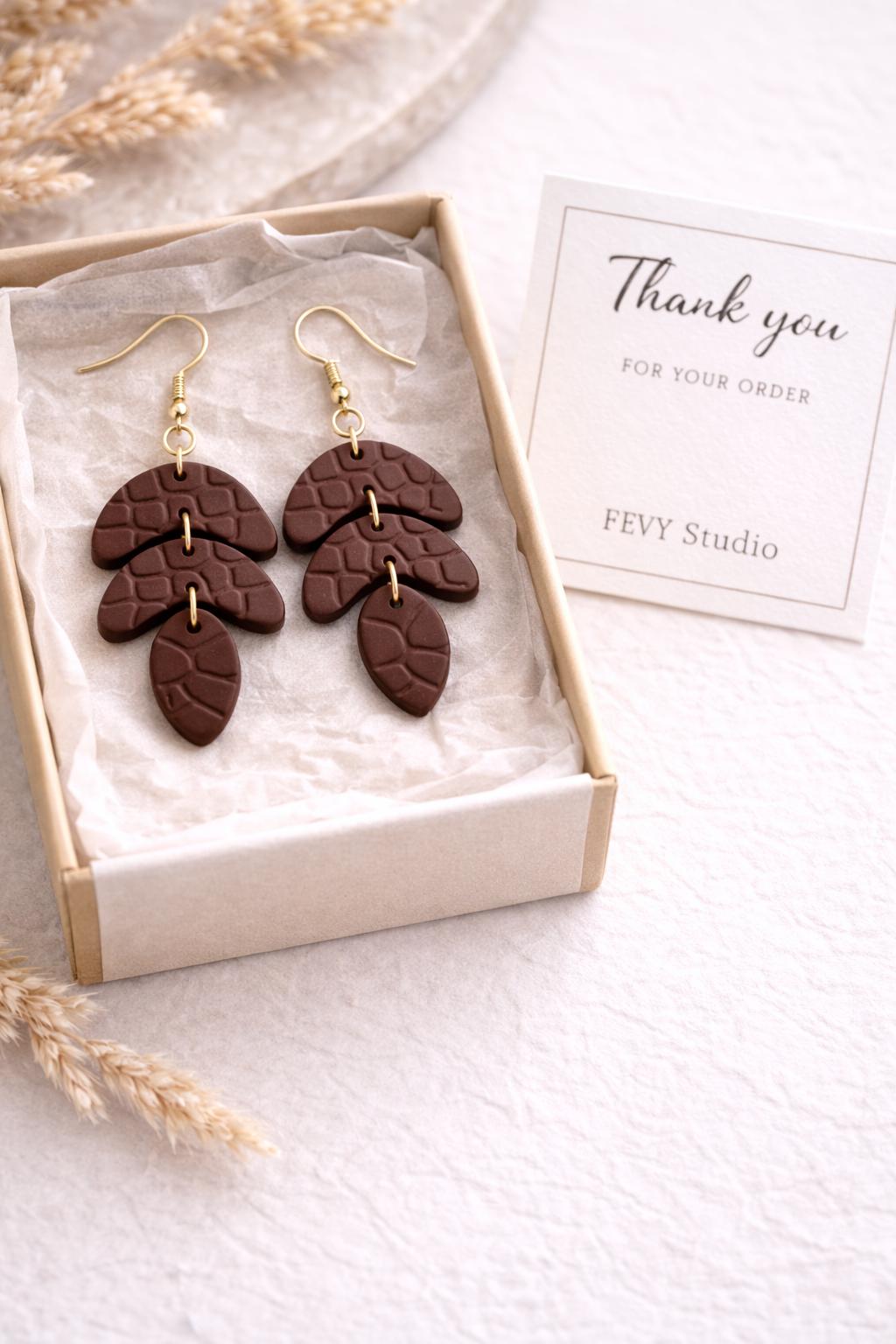 Dark Brown Polymer Clay Earrings – Lightweight Statement Dangle Earrings for Women, Handmade Boho Jewelry, Chocolate Minimal Gift