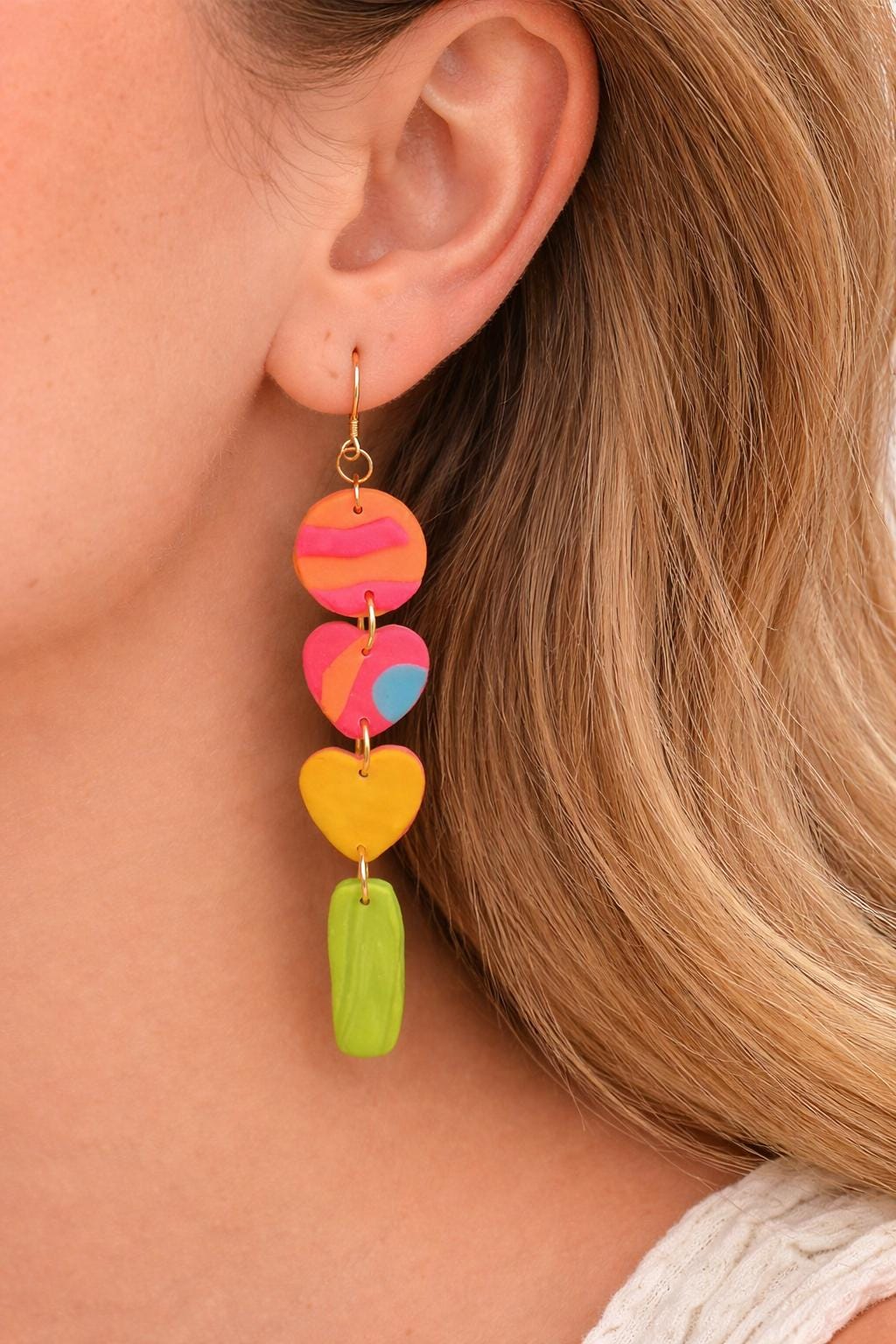 Colorful Polymer Clay Statement Earrings, Modern Artistic Dangle Jewelry, Lightweight Bold Design