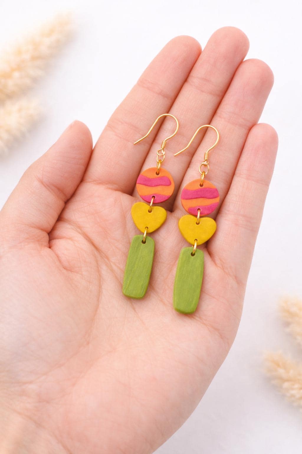 Handmade Polymer Clay Dangle Earrings | 18K Gold Plated Hooks, Lightweight Boho Jewelry