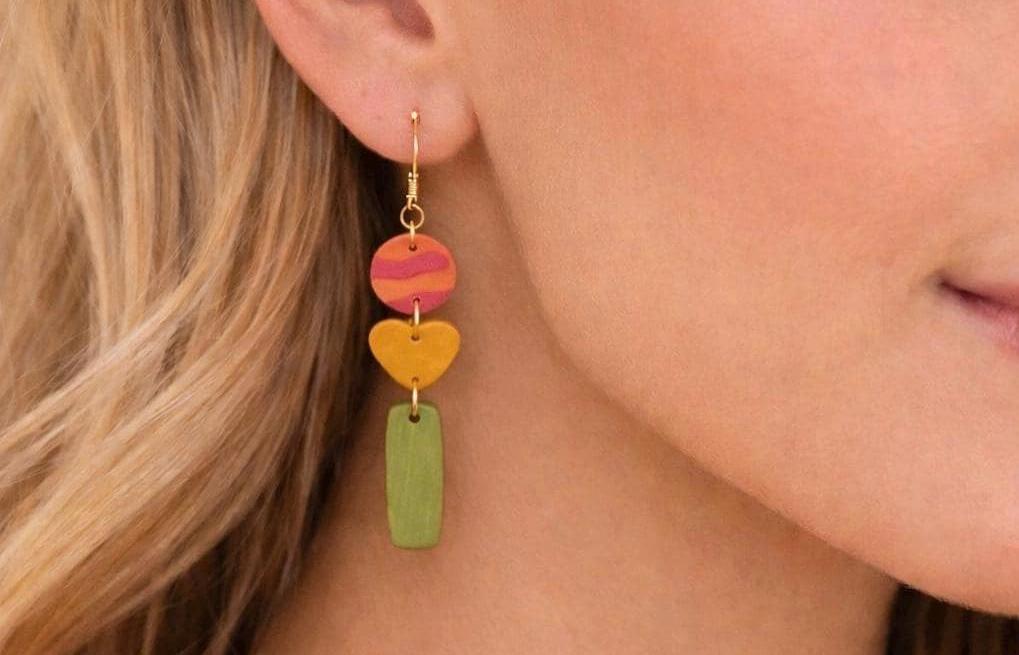 Handmade Polymer Clay Dangle Earrings | 18K Gold Plated Hooks, Lightweight Boho Jewelry