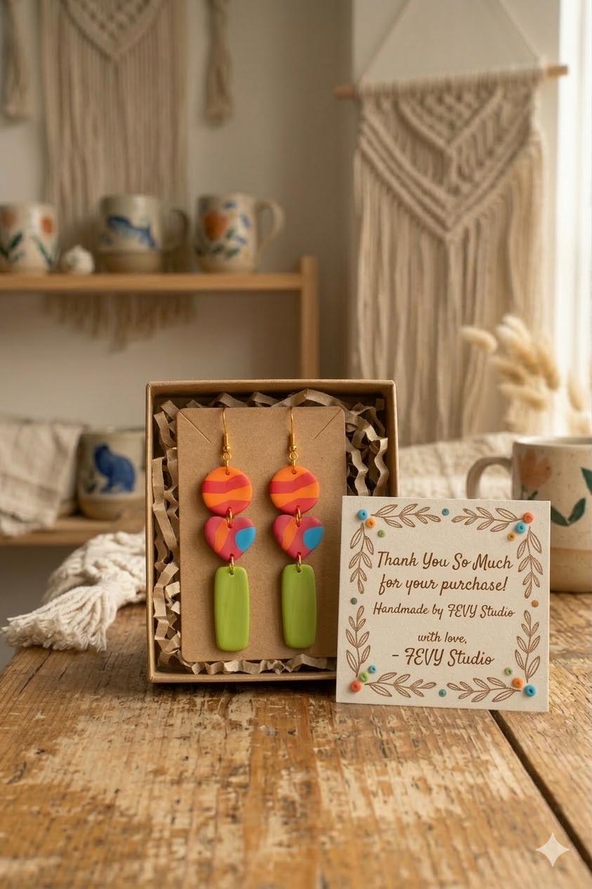 Handmade Polymer Clay Dangle Earrings, 18k Gold Plated Hooks, Boho Chic Statement Jewelry