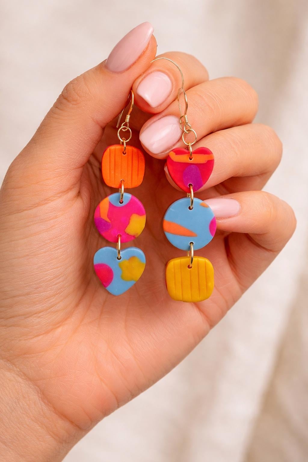 Colorful Boho Statement Earrings | Handmade Polymer Clay Dangle Hooks