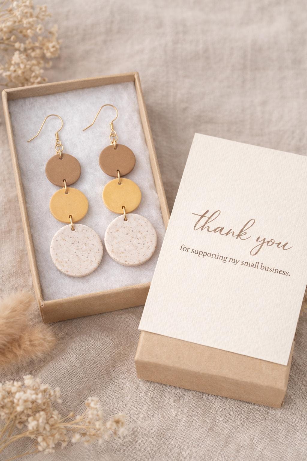 Handmade Neutral Boho Dangle Earrings, 18K Gold Plated Hooks, Lightweight Clay