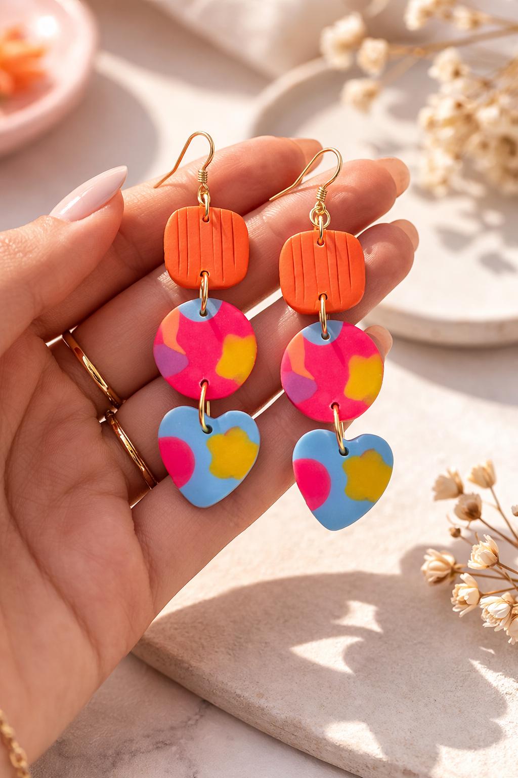 Colorful Geometric Polymer Clay Earrings – Modern Bold Dangles