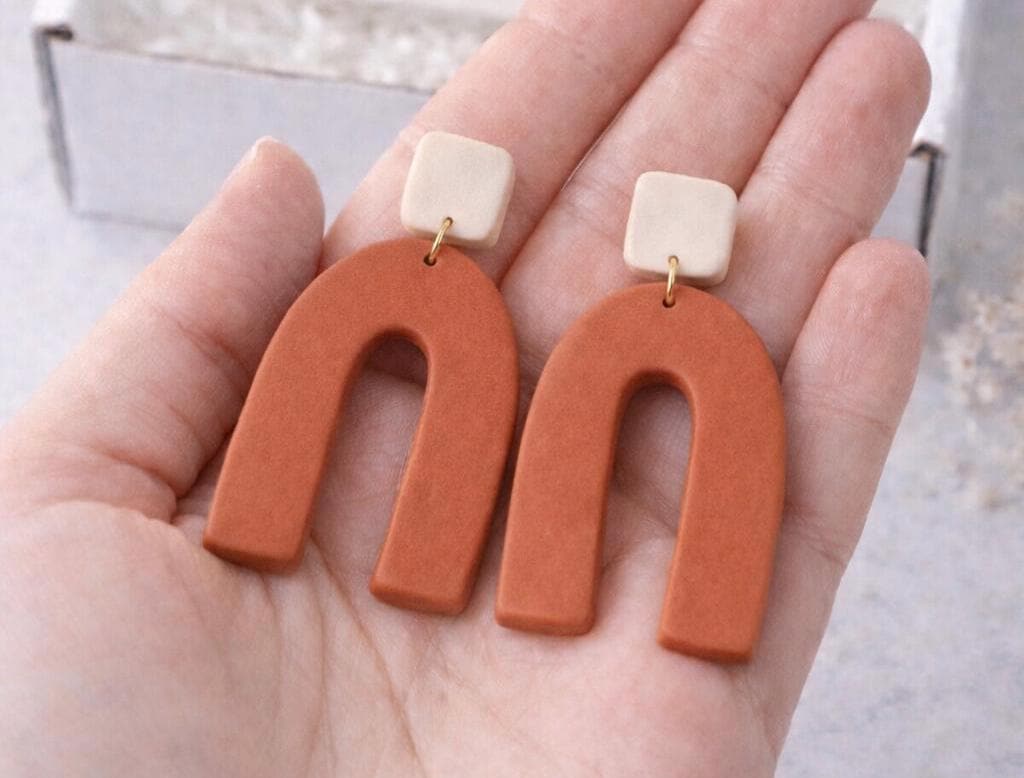 Handmade Polymer Clay Arch Earrings, Modern Neutral Statement Jewelry