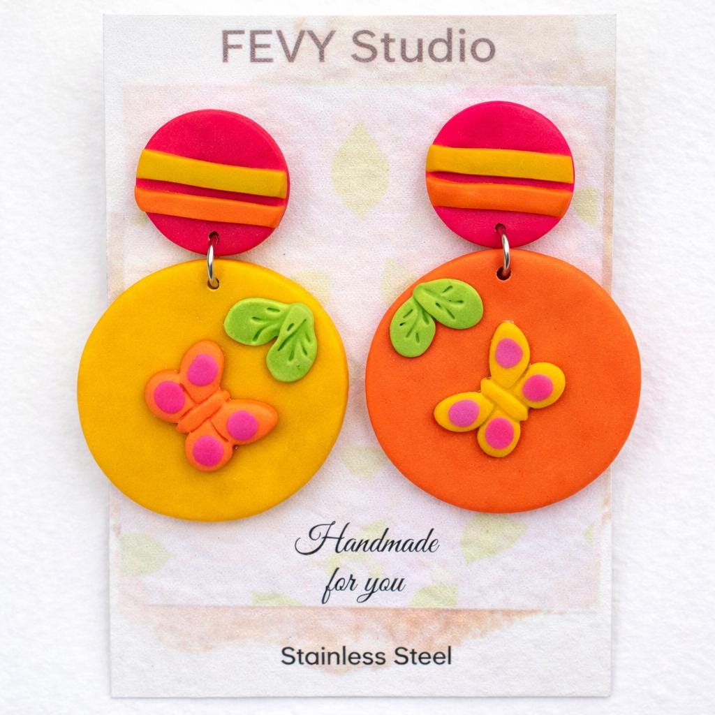 Colorful Butterfly Polymer Clay Earrings, Handmade Statement Earrings, Cute Spring Jewelry, Unique Gift for Her, Stainless Steel Post