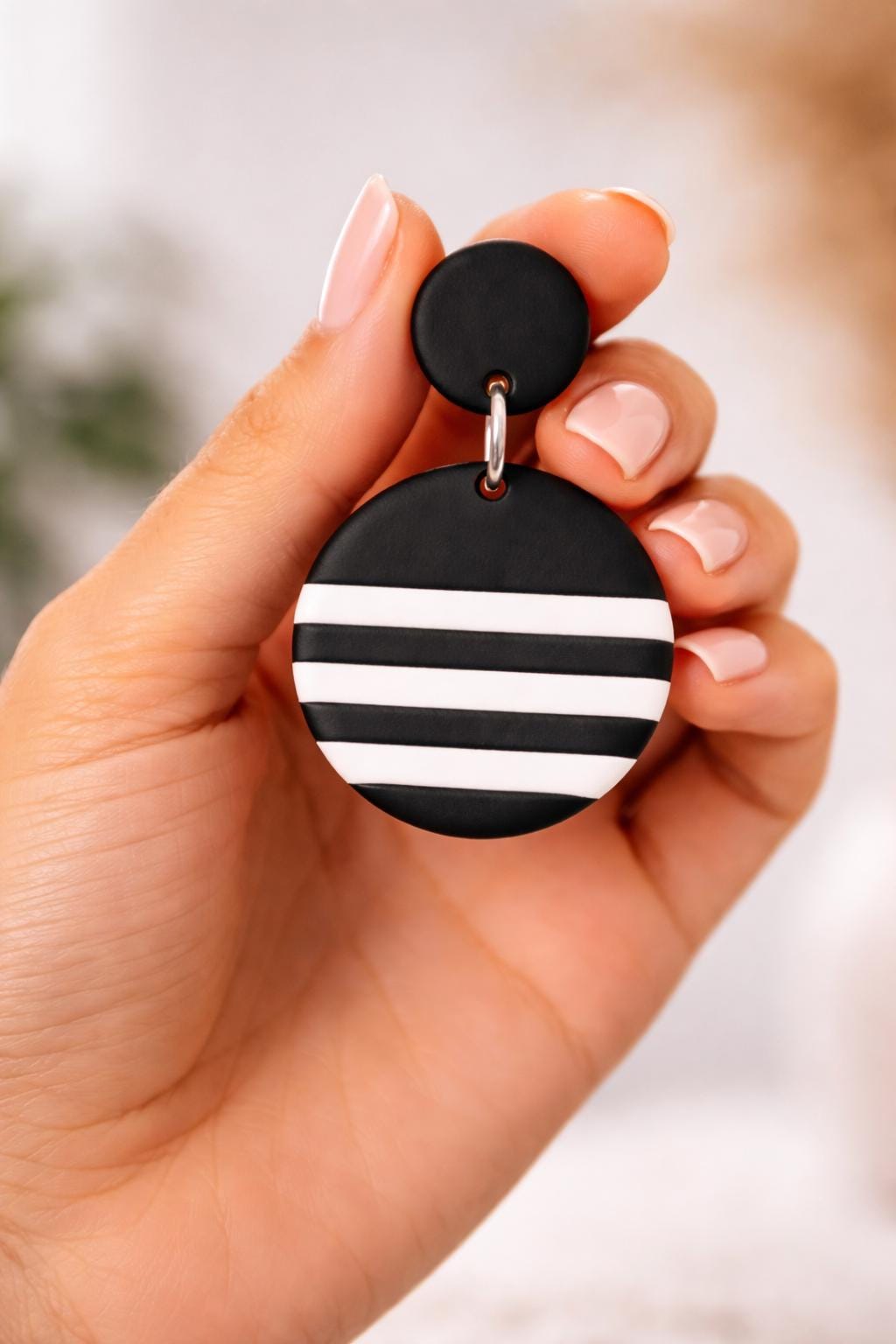 Black and White Polymer Clay Earrings, Striped Statement Earrings, Minimalist Handmade Dangle Earrings, Lightweight Modern Jewelry, Gift for