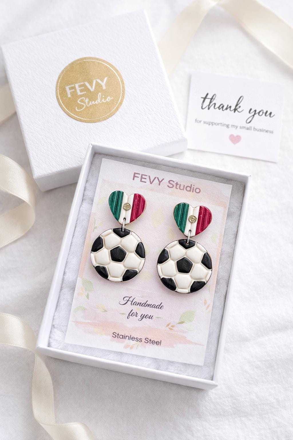 Mexican Flag Heart Soccer Ball Earrings, Handmade Polymer Clay Sports Jewelry