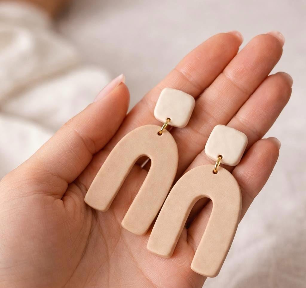 Minimalist Arch Earrings, Neutral Polymer Clay Statement Jewelry, Lightweight Handmade Modern Design