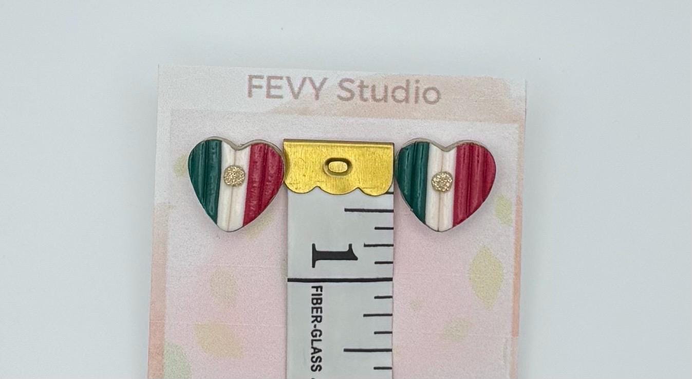 Mexico Flag Heart Earrings – Handmade Polymer Clay Studs – Stainless Steel Posts – Patriotic Gift for Women – Mexican Jewelry