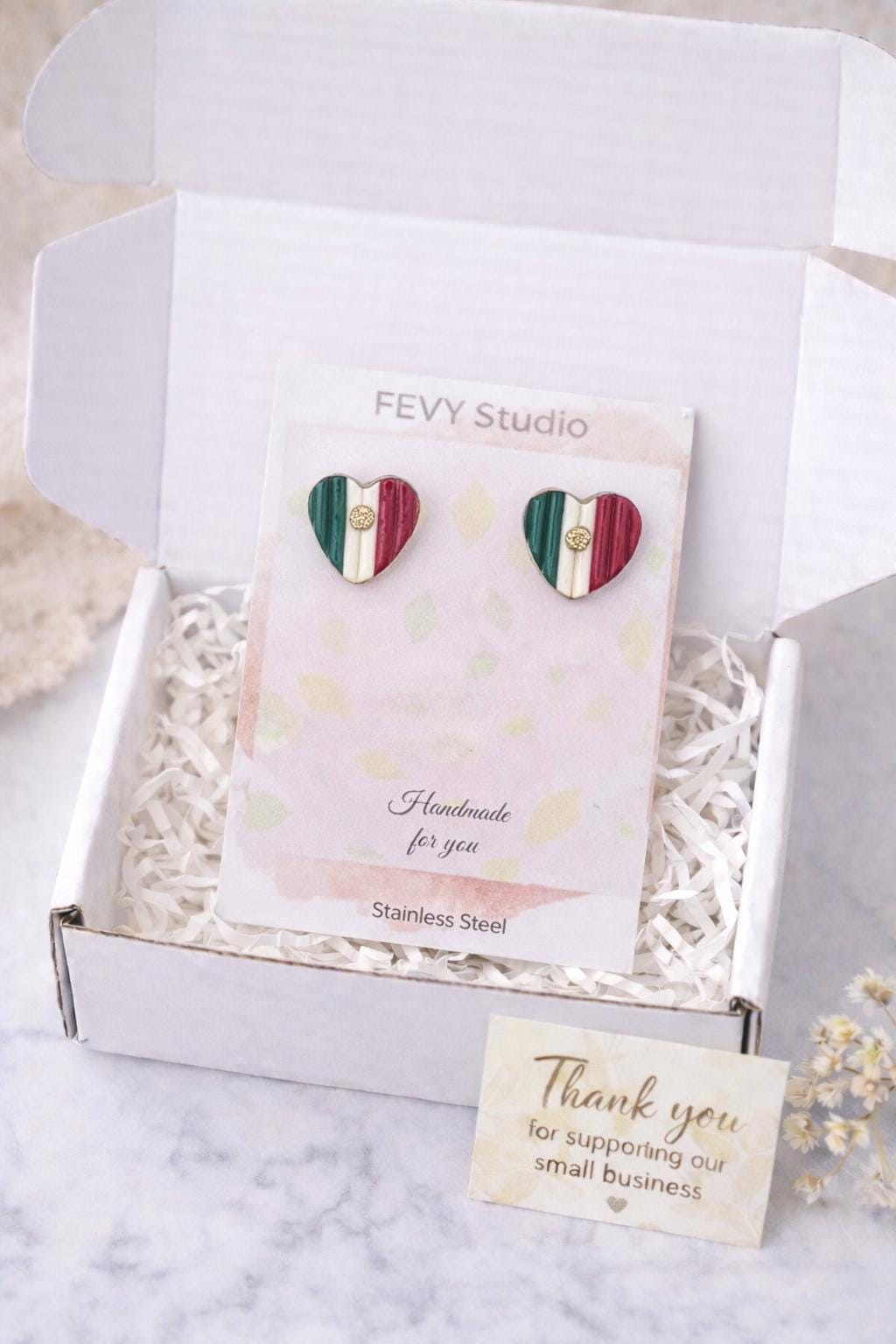 Mexico Flag Heart Earrings – Handmade Polymer Clay Studs – Stainless Steel Posts – Patriotic Gift for Women – Mexican Jewelry