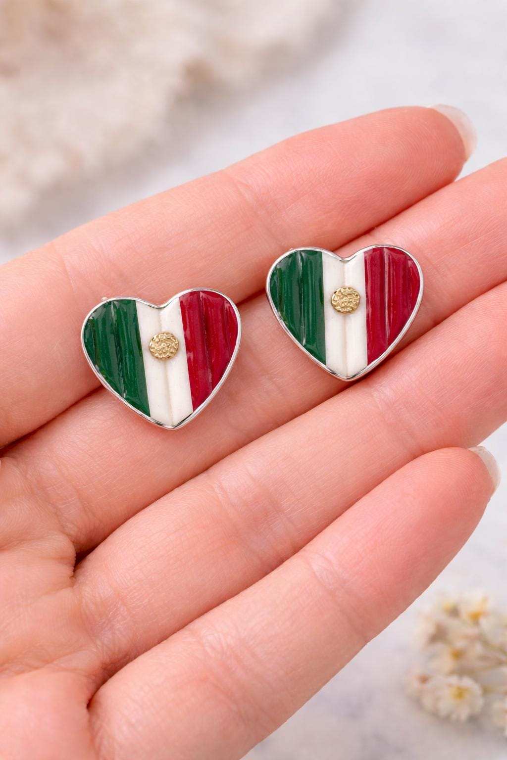 Mexico Flag Heart Earrings – Handmade Polymer Clay Studs – Stainless Steel Posts – Patriotic Gift for Women – Mexican Jewelry