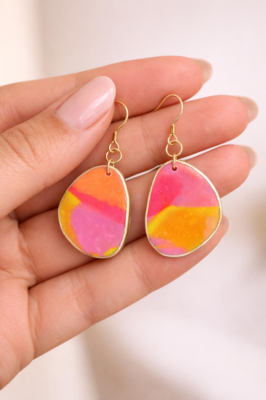 Colorful Polymer Clay Statement Earrings – 18K Gold Plated Hooks, Lightweight Boho Style