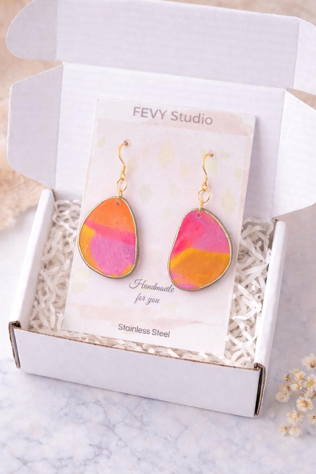 Colorful Polymer Clay Statement Earrings – 18K Gold Plated Hooks, Lightweight Boho Style