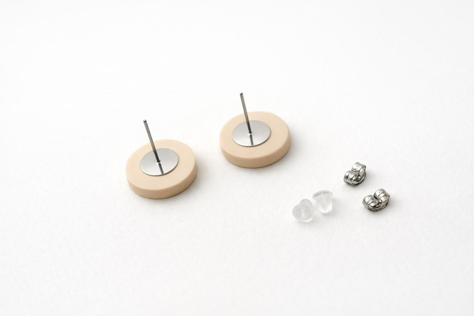 Neutral Striped Round Polymer Clay Stud Earrings – Modern Classic Minimalist Jewelry