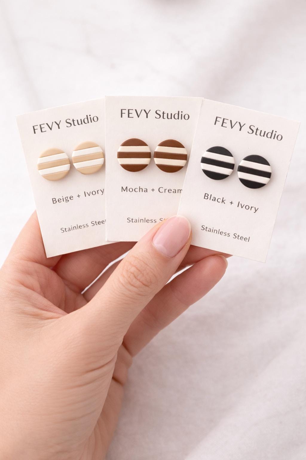 Neutral Striped Round Polymer Clay Stud Earrings – Modern Classic Minimalist Jewelry