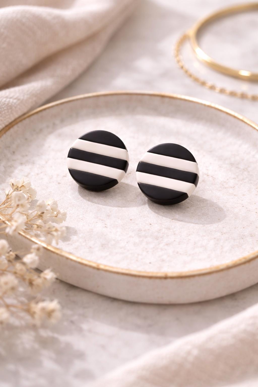 Neutral Striped Round Polymer Clay Stud Earrings – Modern Classic Minimalist Jewelry