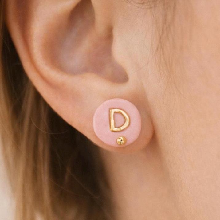 Personalized Pink Clay Initial Stud Earrings, Minimalist Gold Letter Jewelry