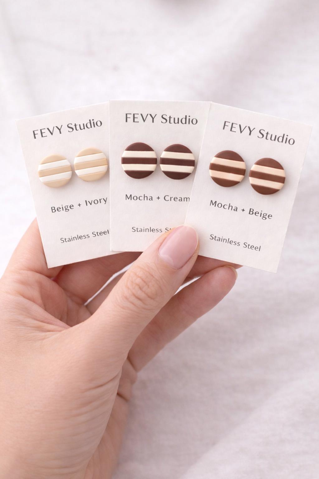 Set of 3 - Matte Polymer Clay Stud Earrings – Neutral Trio, Minimalist Everyday Jewelry