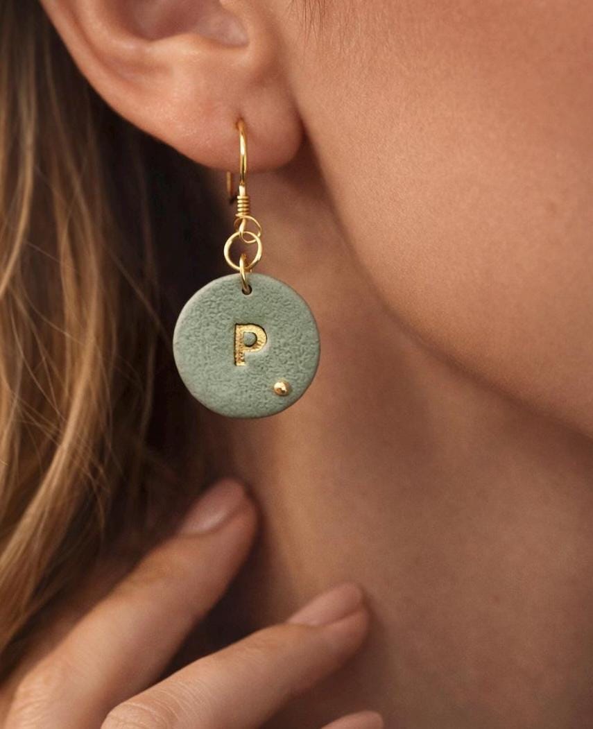 Sage Green Polymer Clay Initial Earrings, Minimalist Gold Letter, 18K Gold Plated Hooks