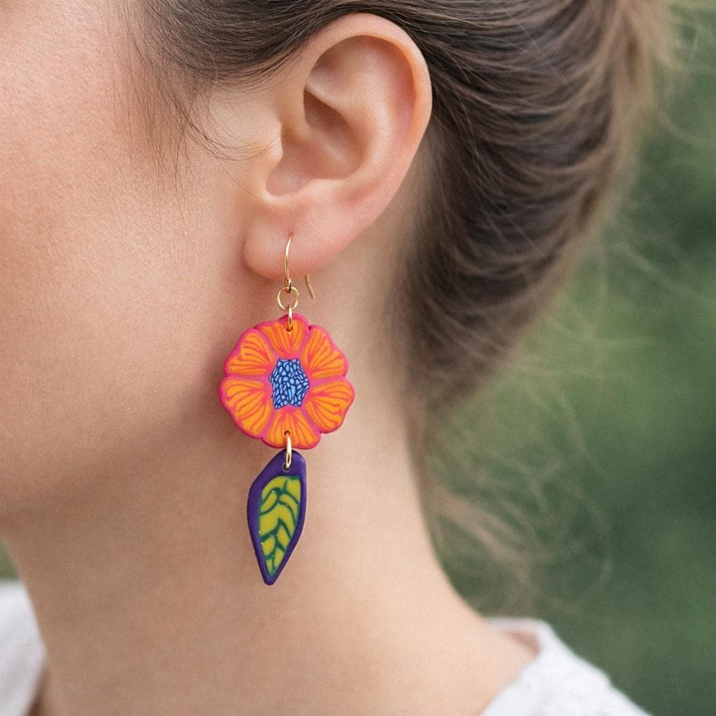 Handmade Millefiori Polymer Clay Flower Earrings, Abstract Floral Statement Jewelry