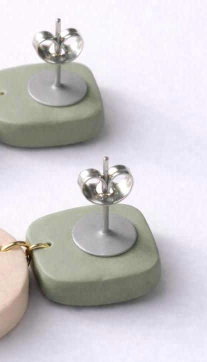 Sage Green Beige Striped Dangle Earrings – Minimalist Polymer Clay Jewelry