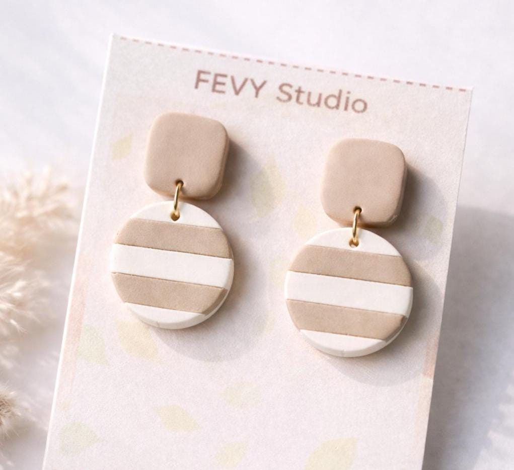 Minimalist Beige Striped Dangle Earrings • Classic Everyday Jewelry • Neutral Boho Chic Gift • Timeless Lightweight Earrings