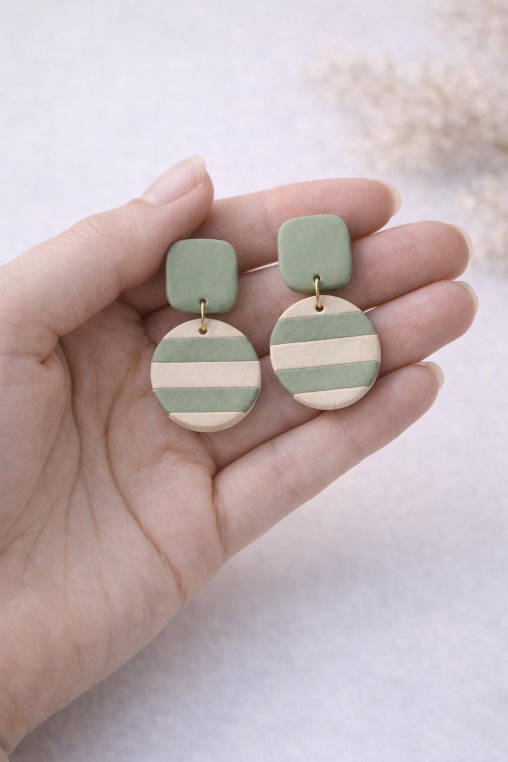 Sage Green Beige Striped Dangle Earrings – Minimalist Polymer Clay Jewelry