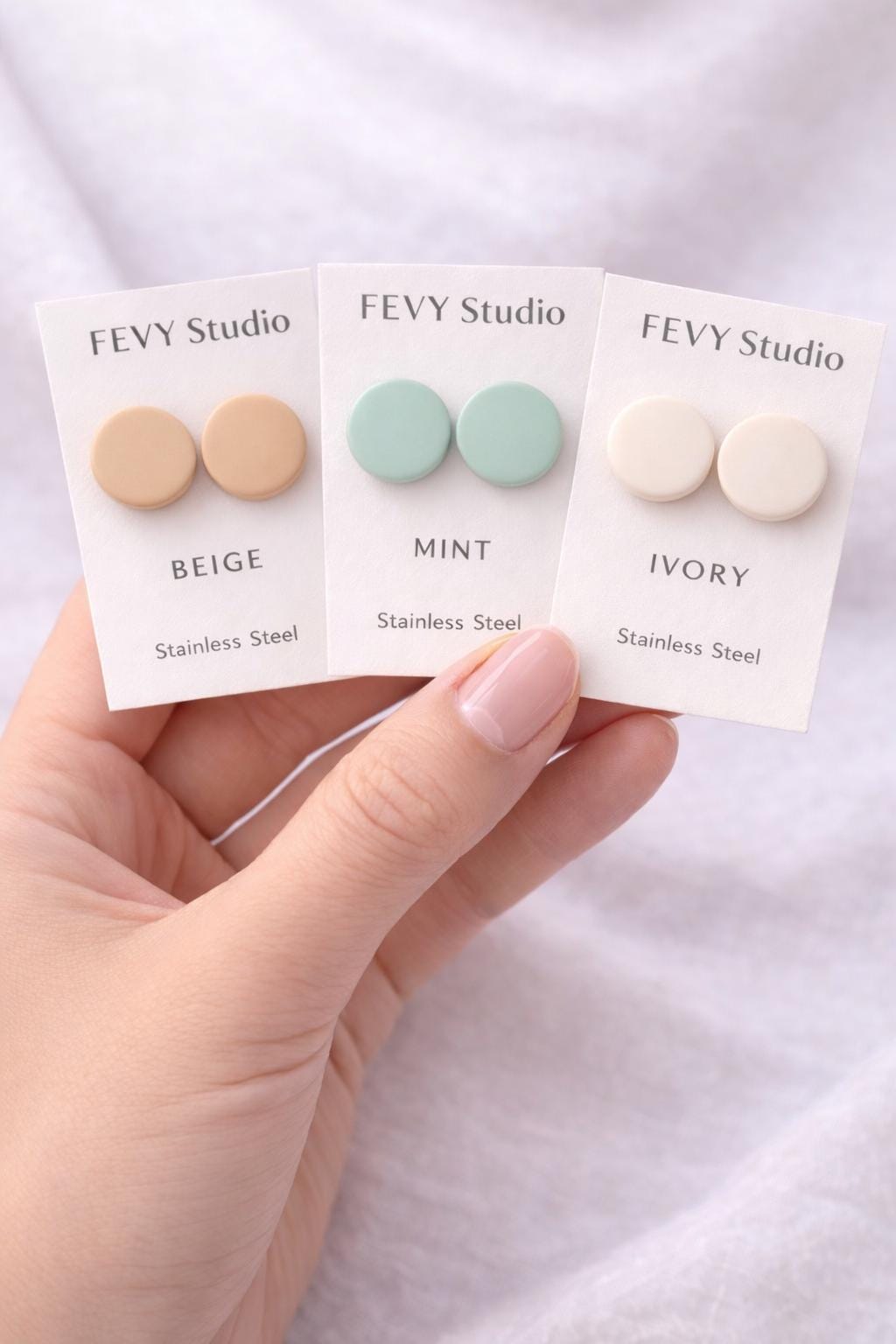 Minimalist Round Polymer Clay Stud Earrings, Neutral Tones, Stainless Steel Posts