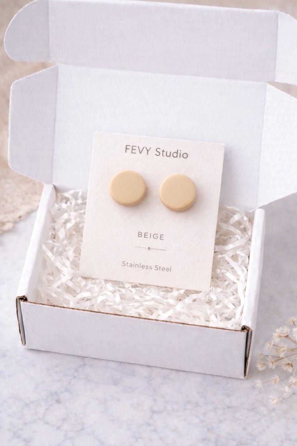Set of 3 - Minimalist Round Stud Earrings, Neutral Polymer Clay, Hypoallergenic Stainless Steel Set