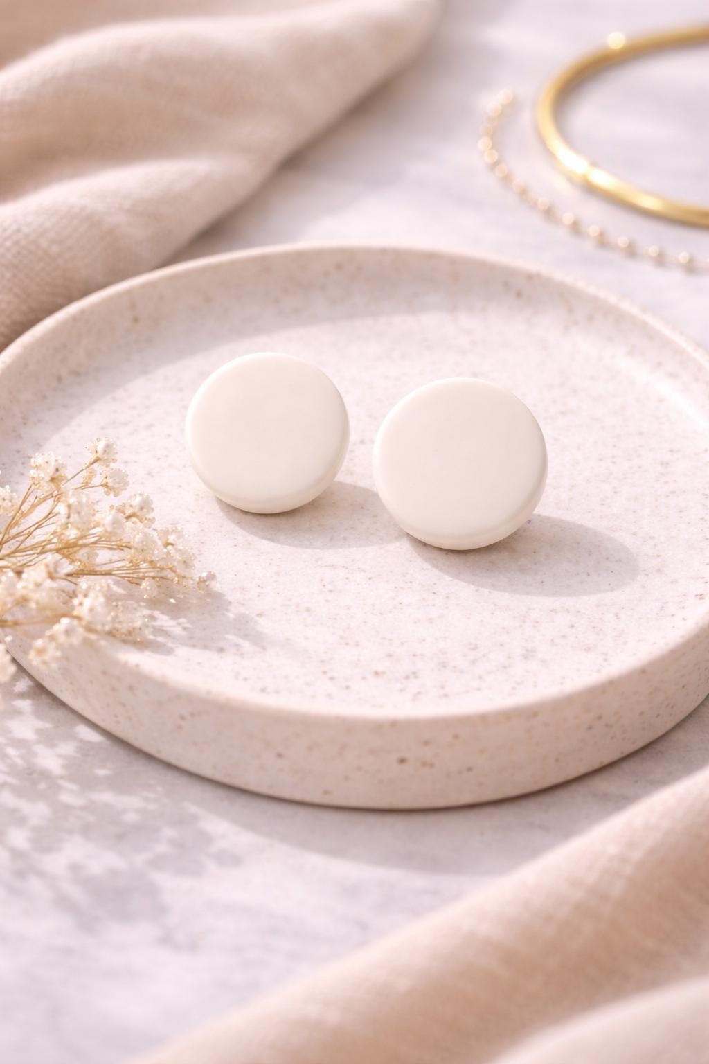 Set of 3 - Minimalist Round Stud Earrings, Neutral Polymer Clay, Hypoallergenic Stainless Steel Set