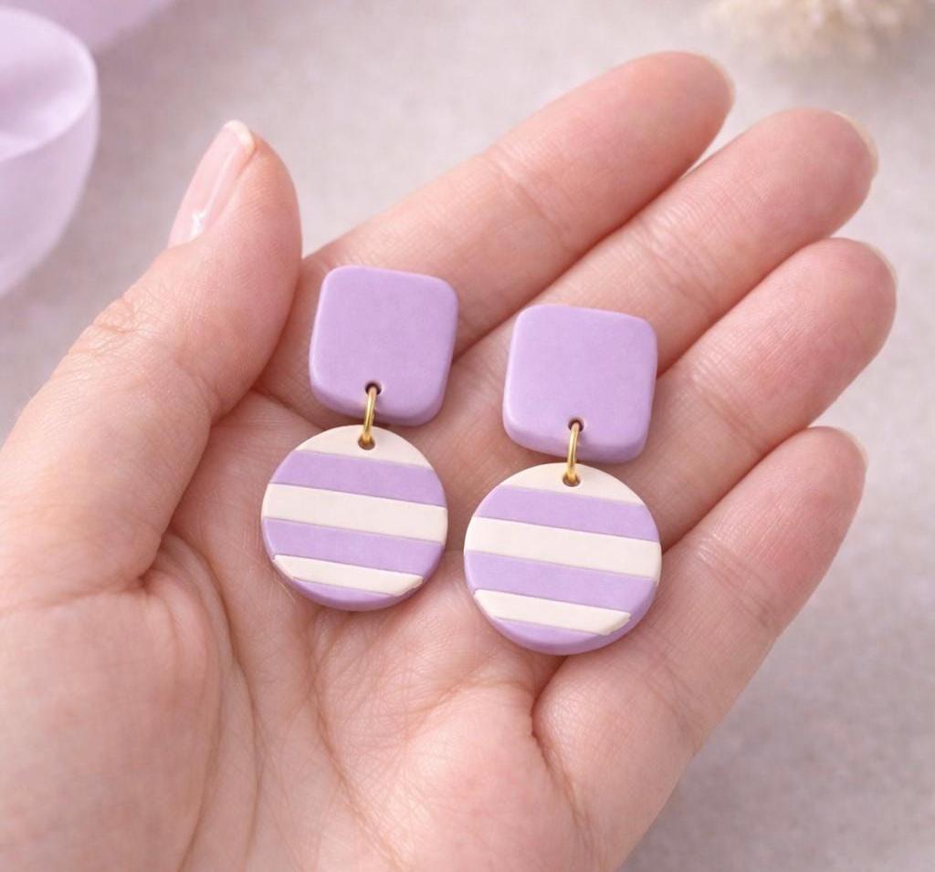 Lilac Striped Dangle Earrings | Modern Classic Polymer Clay Jewelry