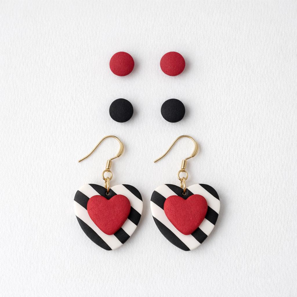 Heart Dangle Earrings Set, Black White Stripes, Red Studs, Polymer Clay Ear Stack