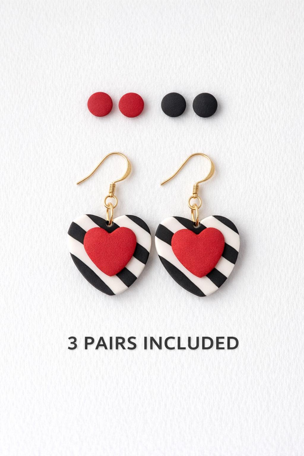 Heart Dangle Earrings Set, Black White Stripes, Red Studs, Polymer Clay Ear Stack