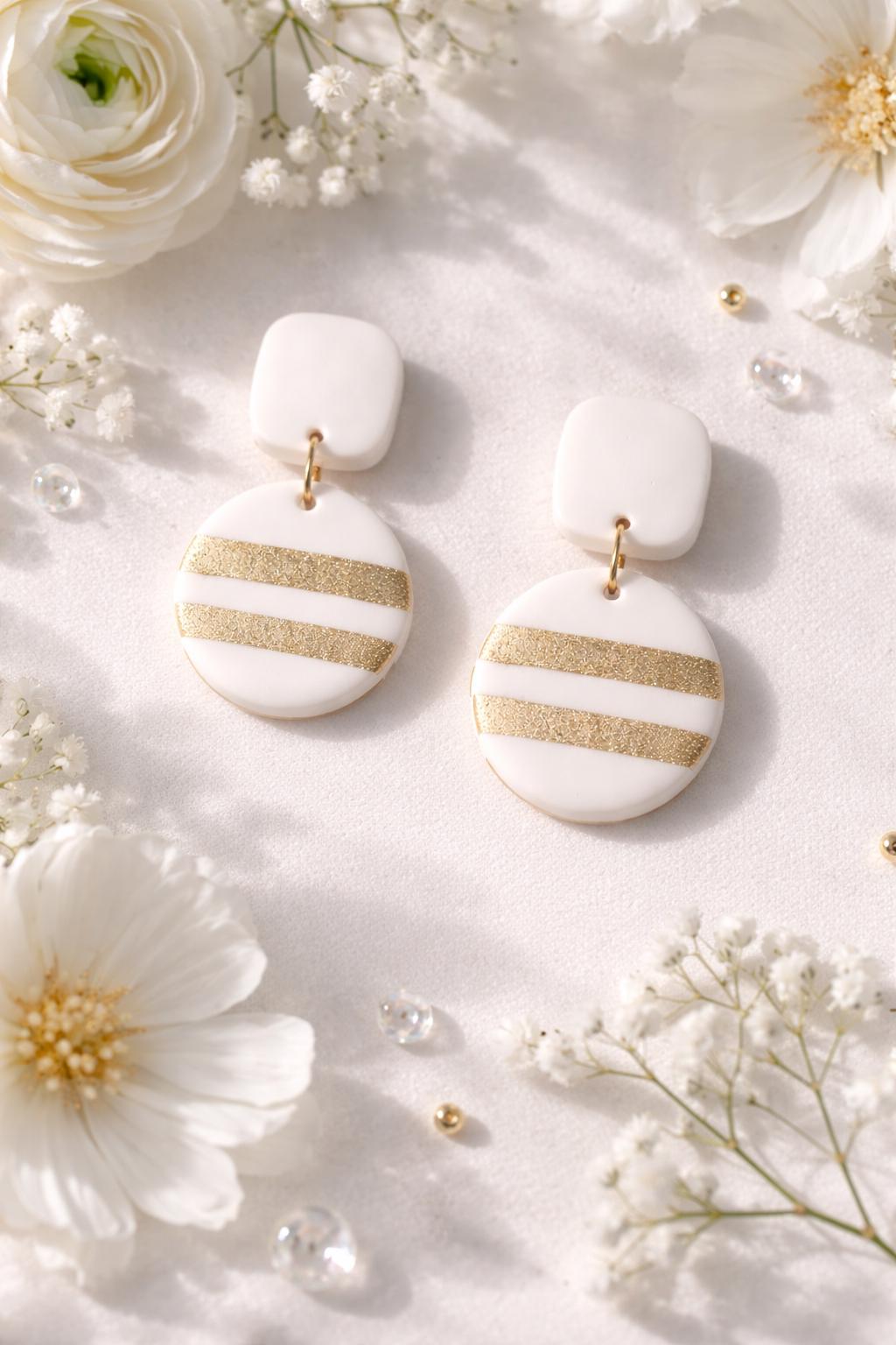 Boho Polymer Clay Earrings, Handmade Striped Gold and White Dangle Earrings, Elegant Geometric Statement Earrings, Clay Jewelry Gift for Her