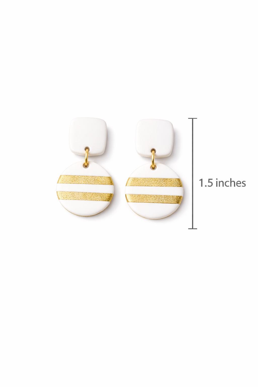 Boho Polymer Clay Earrings, Handmade Striped Gold and White Dangle Earrings, Elegant Geometric Statement Earrings, Clay Jewelry Gift for Her