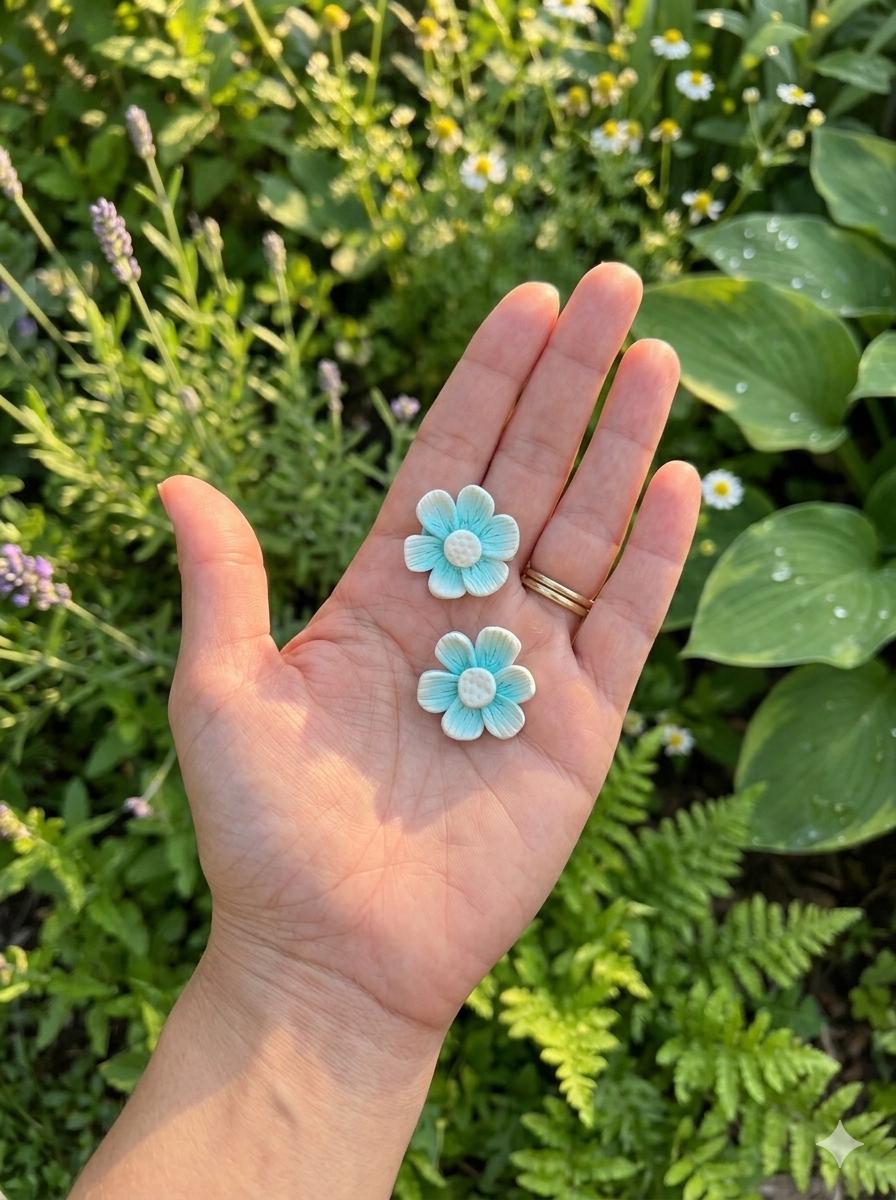 Blue Flower Stud Earrings, Turquoise Floral, Handmade Polymer Clay, Stainless Steel Posts
