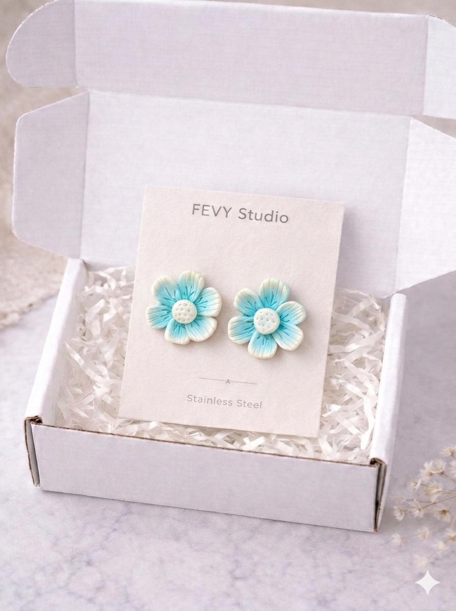 Blue Flower Stud Earrings, Turquoise Floral, Handmade Polymer Clay, Stainless Steel Posts