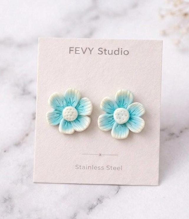 Blue Flower Stud Earrings, Turquoise Floral, Handmade Polymer Clay, Stainless Steel Posts