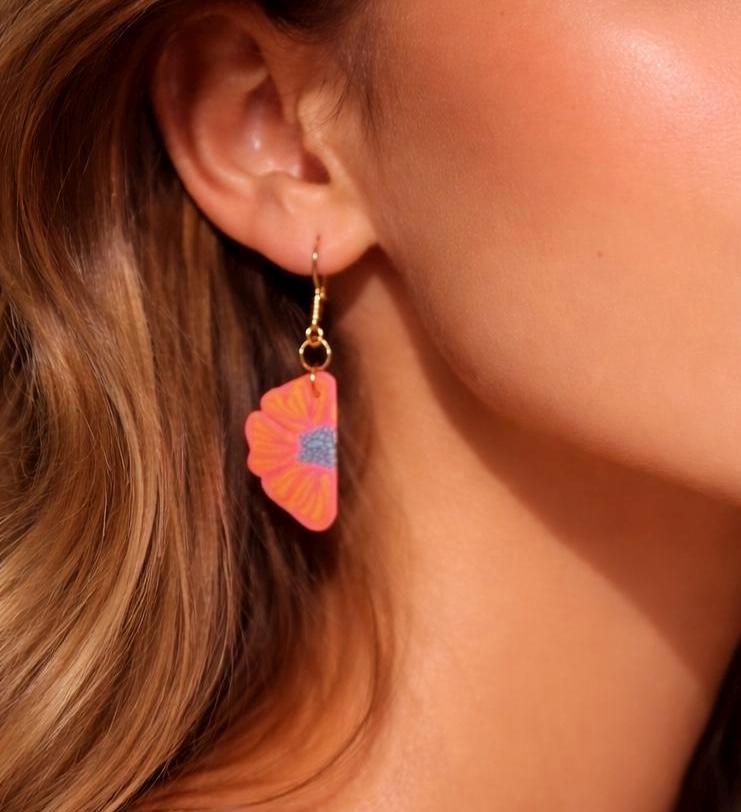 Handmade Tropical Flower Earrings – 18K Gold Plated Hooks, Lightweight Bold Jewelry